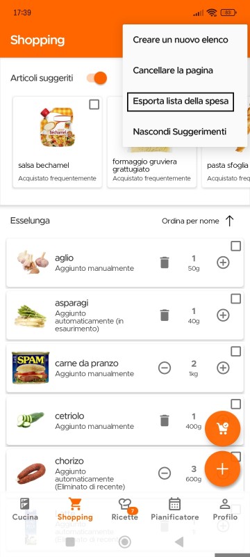 Export Shopping List option in overflow menu